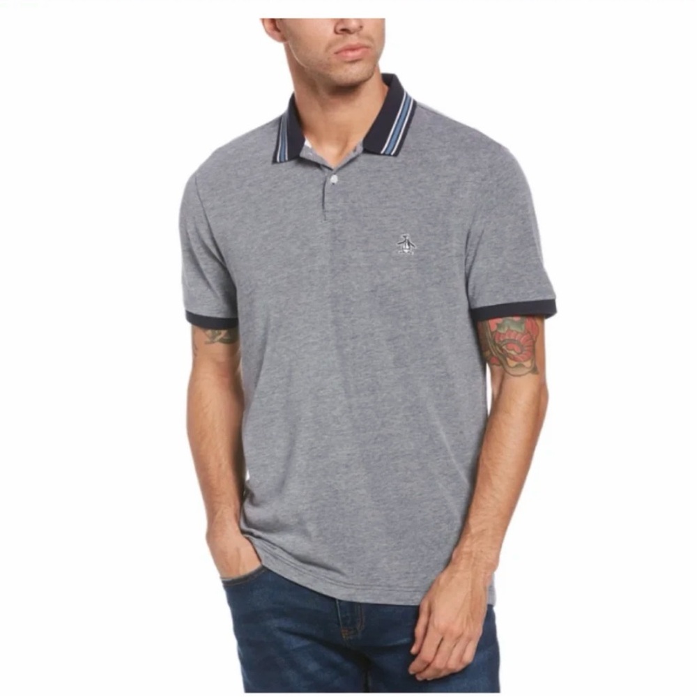 Original Penguin Grey Polo with Navy Contrast Collar